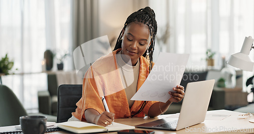 Image of Black woman in home office, documents and laptop for research in remote work, ideas and thinking. Happy girl at desk with computer, writing notes and online search in house for freelance networking.