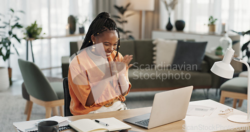 Image of Black woman, success in home office and celebration at laptop for remote work, social media or excited blog. Happy girl at desk with computer for winning email, achievement and good news in freelance