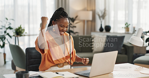 Image of Black woman, achievement in home office and celebration at laptop for remote work, social media or excited blog. Happy girl at desk with computer for winning email, good news and success in freelance