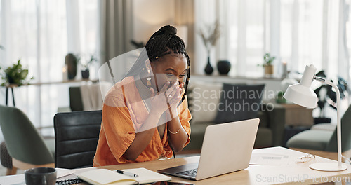 Image of Black woman, surprise in home office and celebration at laptop for remote work, social media or excited blog. Happy girl at desk with computer for winning email, achievement and success in freelance