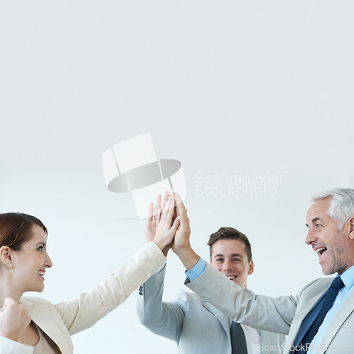 Image of Business, people high five for celebration of success, achievement and support for teamwork. Happy, collaboration and team building gesture with hands together in solidarity and pride for winning