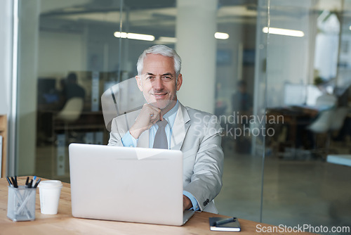 Image of CEO, businessman and laptop for portrait, tax and finance status of the company. Man, consult and plan for budget, payroll and human resources at desk in office for meeting, smile and organization