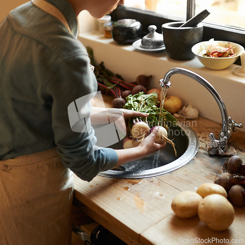 Image of Hands, basin and water to clean vegetables in kitchen, health and hygiene with chef cooking food and catering. Turnip, nutrition with organic vegan or vegetarian meal with person washing produce