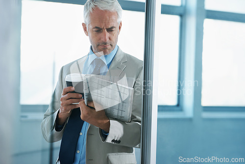 Image of Businessman, reading and newspaper or concern of article or international press, stock market or problem. Mature person, coffee and financial review or corporate professional, entrepreneur or stress