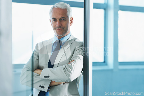 Image of Mature, businessman and portrait with confidence in company office as law attorney for client trust, entrepreneur or professional. Male person, face and ceo for corporate startup, pride or career