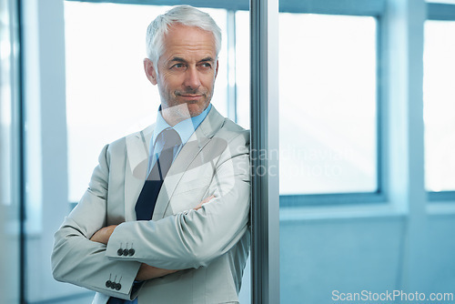 Image of Businessman, mature and thinking in corporate office for consulting firm growth, achievement or target. Male person, professional and thought with confidence for company future, idea or brainstorming