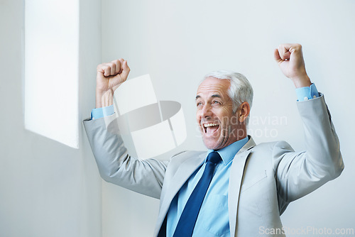 Image of Mature, businessman and celebration for corporate achievement for loan approval, good news or feedback. Male person, arms up and happy boss at law office for victory, announcement or professional