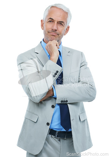 Image of Studio, portrait or mature businessman with thinking in fashion suit or professional worker by white background. Senior person, face and idea in accounting career with planning and problem solving