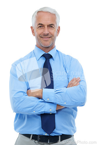 Image of Studio, portrait or senior businessman with arms crossed for confident in job and professional worker in mockup. Mature person, face or pride in accounting career or fashion suit by white background