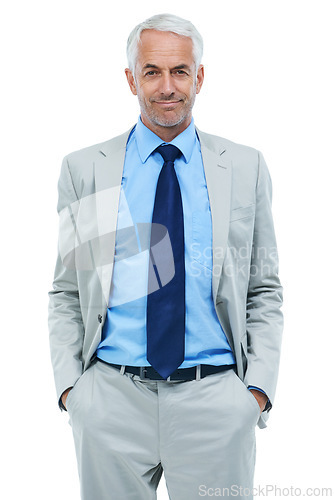 Image of Studio, portrait and businessman with hands in pocket and mature office worker with pride. Senior person, face or confident in accounting career in suit or professional in mission by white background