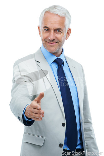 Image of Senior businessman, portrait and handshake offer for introduction, meeting and hiring on white background. Male person, hr manager and hello in interview, recruitment and onboarding or pov in studio