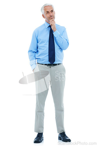 Image of Business, thinking and senior man in studio with questions, guess or brainstorming on white background. Why, idea and elderly entrepreneur with emoji gesture for asking, solution or problem solving