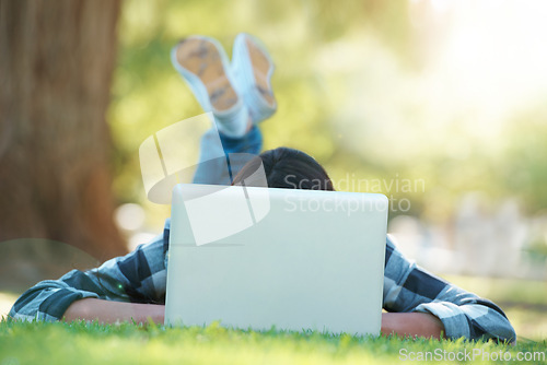 Image of Laptop, lawn or woman in park for elearning with knowledge, information or education. Nature, university learner or female student on grass for studying history or typing online on college campus