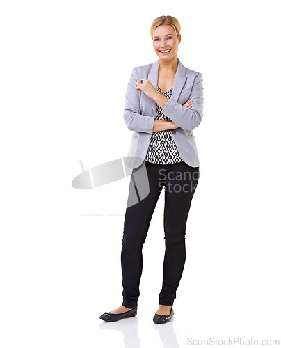 Image of Portrait, smile and confident business woman in studio isolated on white background for professional career. Job satisfaction, body language and suit with happy young employee in corporate fashion