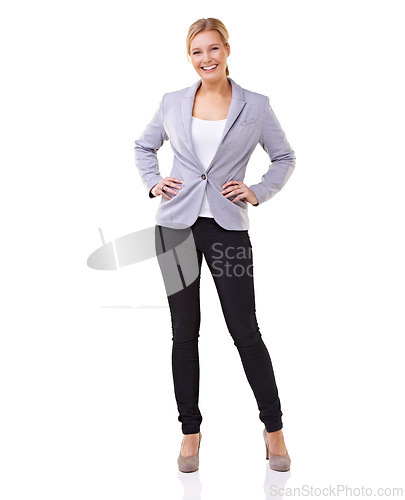 Image of Entrepreneur woman, white background and confidence with smile, formal and blazer. Professional female, studio, business and happy for corporate, company and elegant while standing portrait