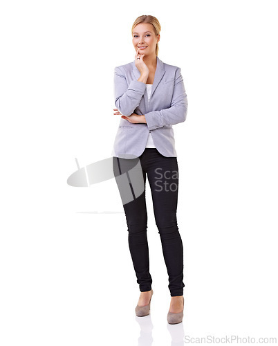 Image of Portrait, thinking and confident business woman in studio isolated on white background for professional career. Job satisfaction, planning and vision with happy young employee in corporate fashion