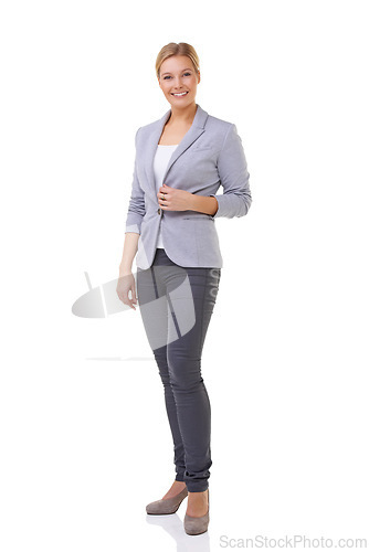 Image of Fashion, smile and portrait of woman in studio with elegant, business or fancy outfit with blazer. Happy, confidence and full body of female person with corporate style isolated by white background.