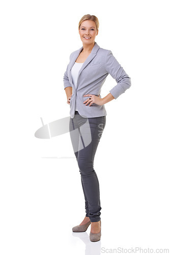 Image of Style, smile and portrait of woman in studio with elegant, business or fancy outfit with blazer. Happy, confidence and full body of female person with corporate fashion isolated by white background.