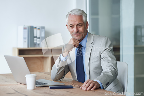 Image of Portrait, ceo and businessman working on laptop, plan and office for stakeholder budget account. Senior, manager and indoors for company, diary and drinking coffee at desk preparing for meeting