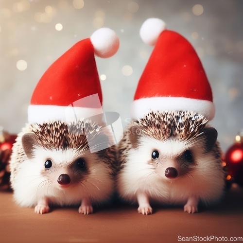 Image of two cute little hedgehogs wearing santa hats