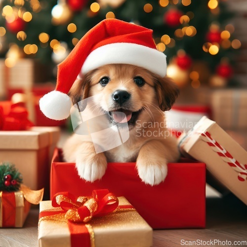 Image of very cute little puppy wearing a santa hat