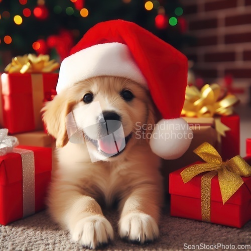 Image of very cute little puppy wearing a santa hat