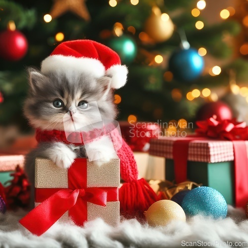 Image of cute kitten wearing santa hat 