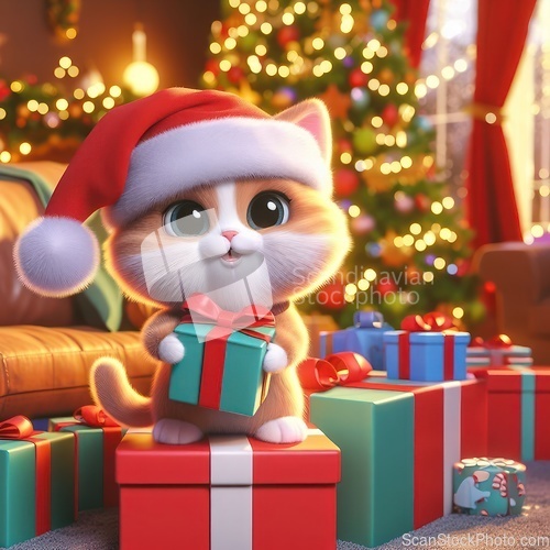Image of cute kitten wearing santa hat 