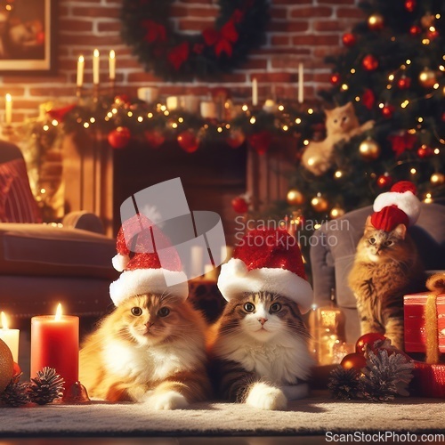 Image of two beautiful cats wearing santa hats