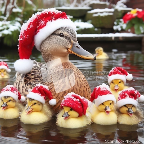 Image of Duck and ducklings in a pond wearing Christmas Hats generative a