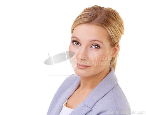 Image of Portrait, serious and confident business woman in studio isolated on white background for company mission. Work, job and closeup face of young employee in professional suit for corporate career