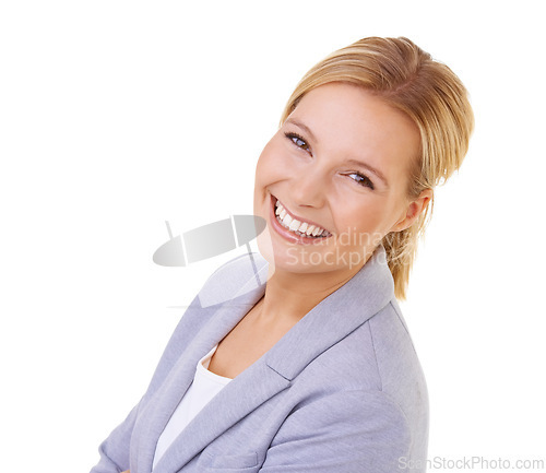 Image of Portrait, smile and suit with business woman in studio isolated on white background for employment. Face, corporate career and confident or happy young professional employee with job satisfaction