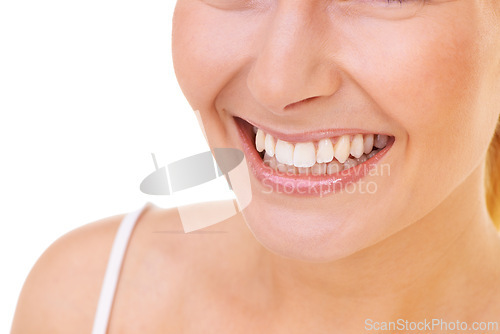 Image of Smile, dental and woman in studio for oral care, hygiene and fresh breath treatment closeup on white background. Teeth whitening, mouth or female model with mockup for cleaning, tooth or gum wellness