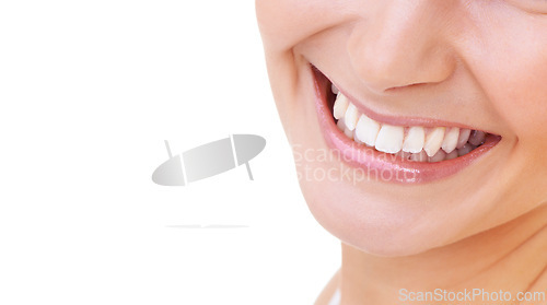 Image of Mouth, teeth and smile for dental hygiene or oral care in studio isolated on white background with space. Dentist, wellness and whitening with happy person on mockup to prevent gingivitis or decay