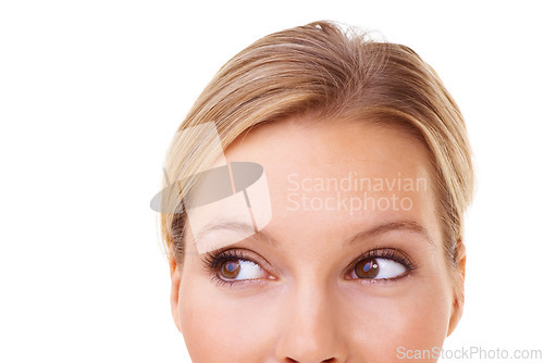 Image of Thinking, woman and half of face with eyes for planning or memory of idea in studio, white background or mockup. Question, why and person with decision, choice or problem solving with info from faq