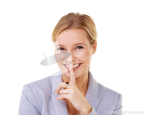 Image of Secret, portrait and woman with finger on lips in studio for hush news, mute or quiet gesture on white background. Gossip, face and female model with hand emoji for privacy, confidential or whisper