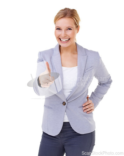 Image of Thumbs up, portrait or happy business woman in studio with motivation, support or thank you sign on white background. Winner, face or entrepreneur with hand emoji for service, excellence or guarantee