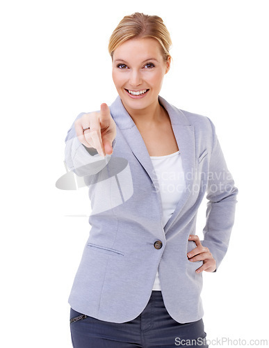 Image of Portrait, pointing and business woman in studio for calling, direction or choosing hand gesture. Smile, happy and professional female person with decision expression isolated by white background.