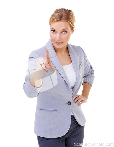 Image of Serious, pointing and business woman in studio for calling, direction or choosing hand gesture. Smile, happy and professional female person with decision expression isolated by white background.