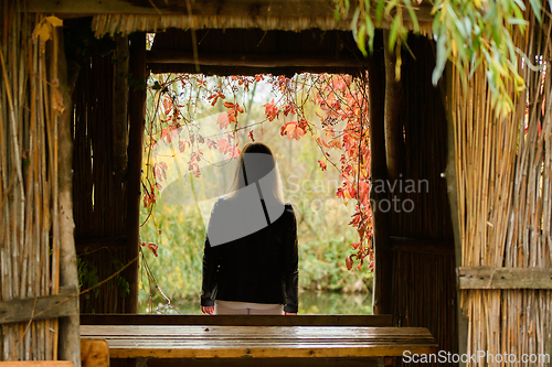 Image of A young beautiful girl stands in the doorway of an old hut