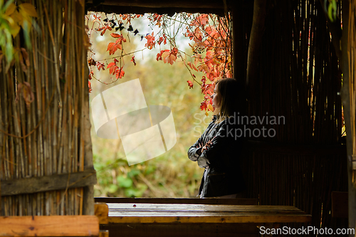 Image of A young beautiful girl stands in the doorway of an old hut and looks out of the hut into the distance