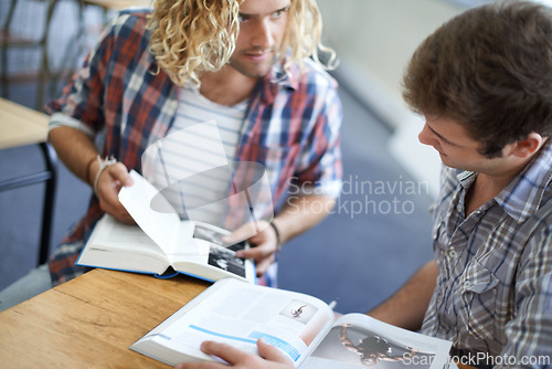 Image of Students, men and books for study at university with learning, education and research for knowledge. College, people and novel with information, project and assignment in classroom for scholarship