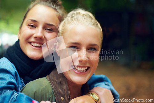 Image of Park, happy and portrait of women hug outdoors on holiday, vacation and weekend in nature. Friends, smile and face of people embrace for bonding, fun and relax together on adventure, travel and trip