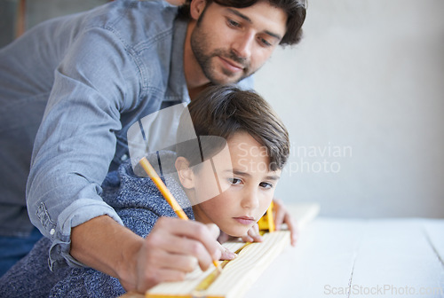 Image of Father, son and woodwork or teaching for furniture manufacturing for bonding, home repairs or construction. Male person, child and parenting for carpenter learning or renovation, lesson or building