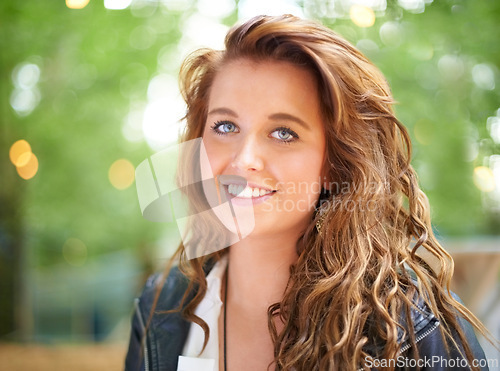 Image of Portrait, casual outfit and woman with a smile, outdoor and nature with weekend break and summer. Face, person and girl in a forest park and fun with happiness and cheerful with a party and joyful