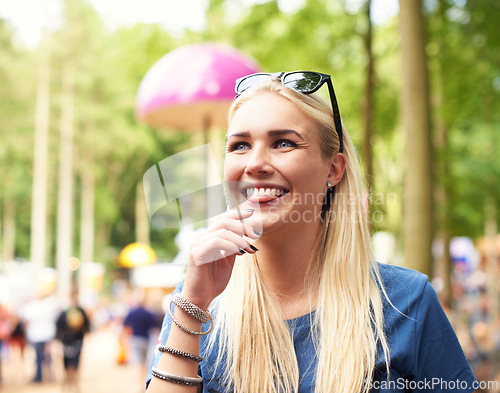 Image of Outdoor, smile and music festival with woman, thinking and happiness with peace and excited on a holiday. Person, concert and forest with sunshine and weekend break with joy, event and party for fun