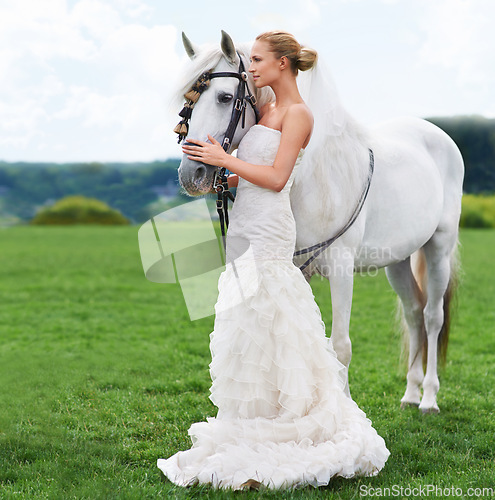 Image of Bride, horse and field with nature, event and animal for marriage, celebration and happiness. Woman, uk countryside and meadow with spring, sky and grass for wedding, love and relationship with smile