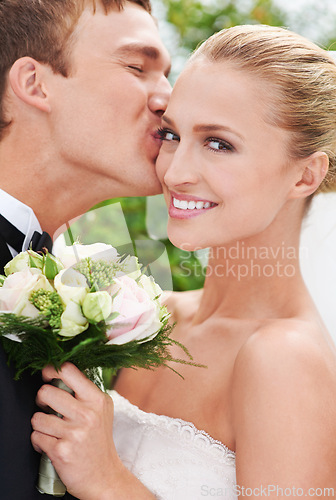 Image of Couple, smile and portrait for wedding at ceremony for love, unity and love with kiss. Husband, wife and love at marriage celebration for commitment, partnership and union for with flower bouquet