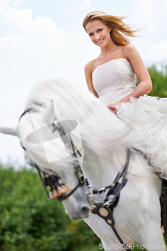 Image of Wedding, woman and portrait with horse outdoor in nature for celebration, marriage or confidence in countryside. Bride, person and stallion in field with smile, dress and animal at ceremony in nature