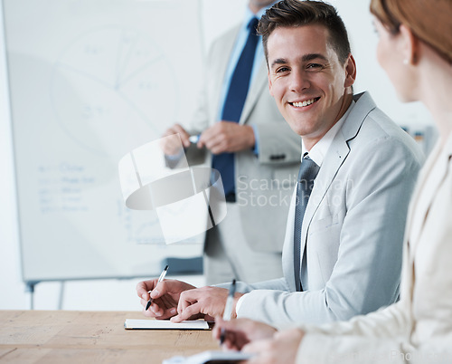 Image of Man, portrait and notes for work presentation with graphs for business growth, kpi or mentorship. Male person, face and colleagues with white board for company analysis or training, coach or chart